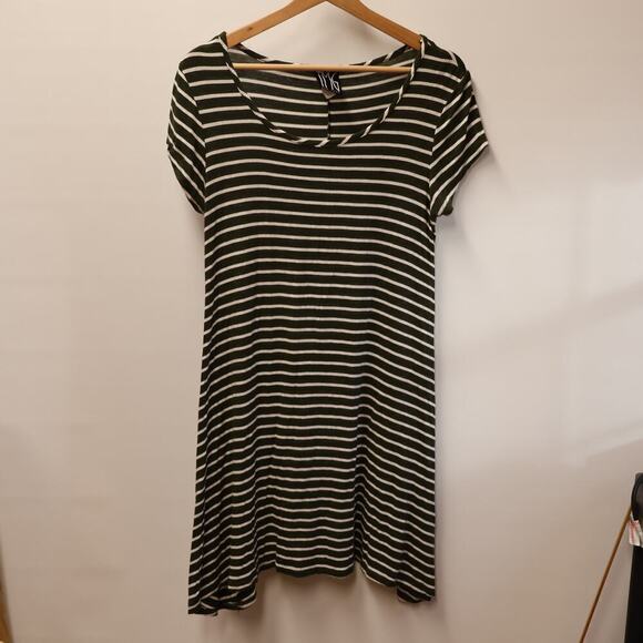 TMG Dress Olive White Stripe Asymmetric Hem Cap Sleeve Round Neck SZ Large - Picture 4 of 12